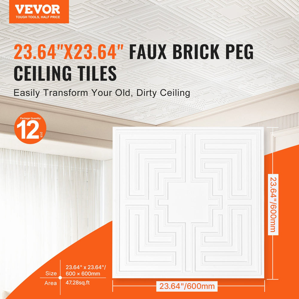VEVOR Ceiling Tiles, 12-Pack 24 x 24 in, Drop Ceiling Tiles Premium PVC Sheet, Easy Installation/ Cutting Plastic Glue-up Ceiling Tile, Ceiling Covering for Home/Office Decoration, White Echo Pattern