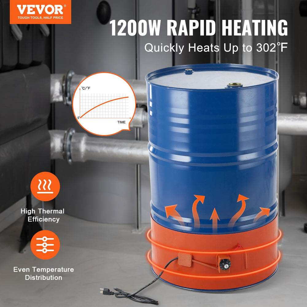 VEVOR 208.2 L Metal Drum Heater 1200 Watt 25.4 cm Width, 30-150°C Adjustable