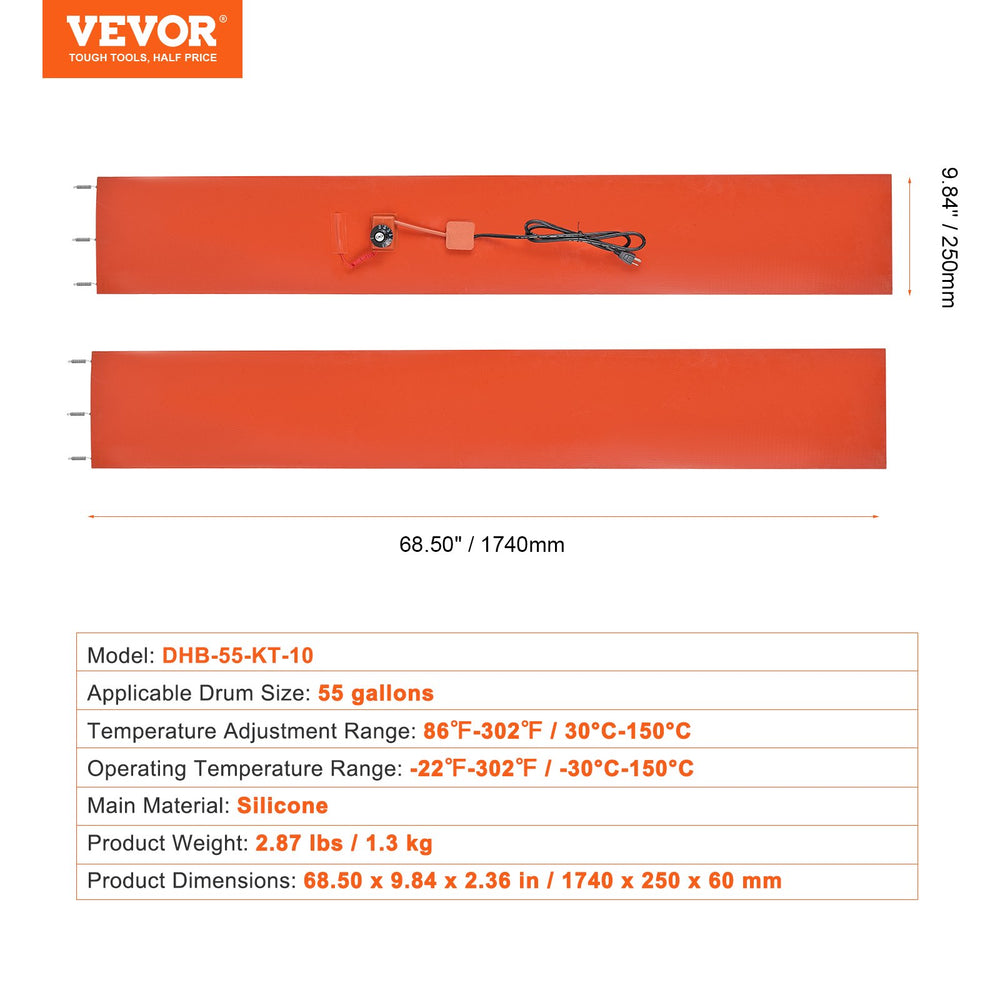 VEVOR 208.2 L Metal Drum Heater 1200 Watt 25.4 cm Width, 30-150°C Adjustable