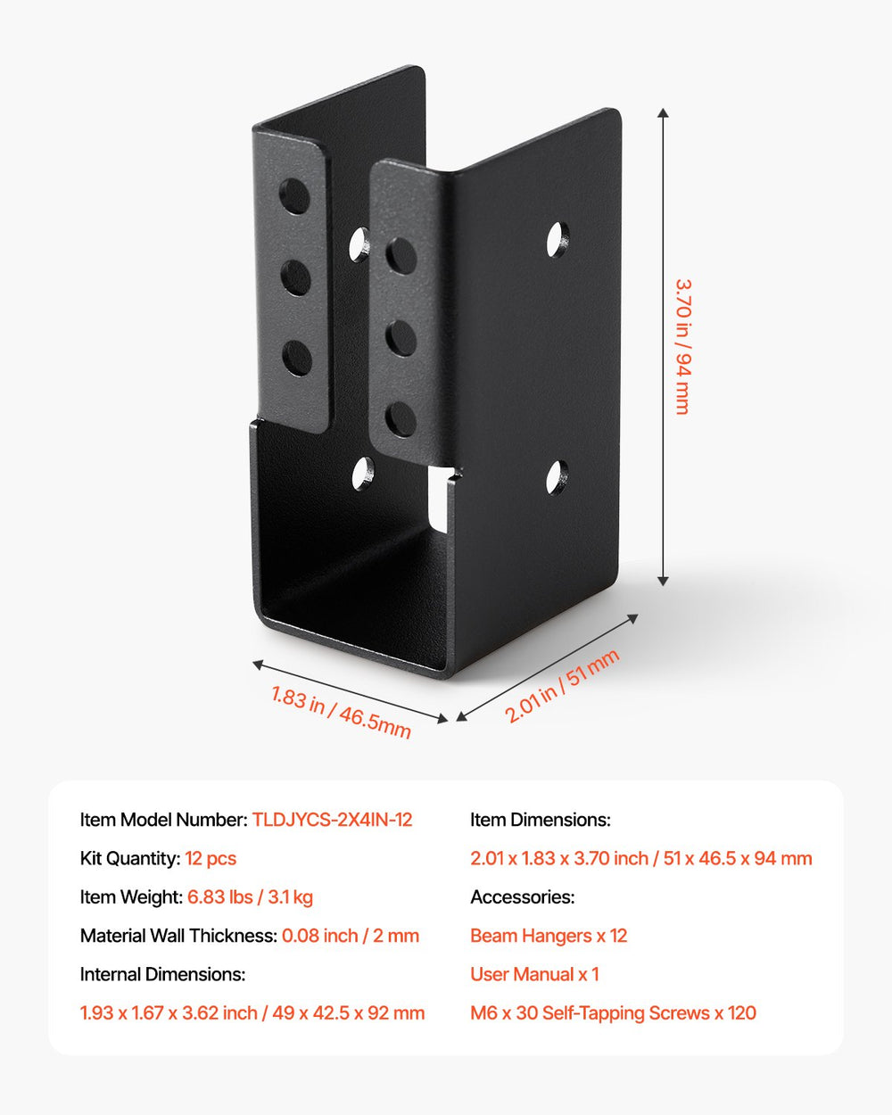 VEVOR Concealed Joist Hanger, 2x4 Inch Outdoor Concealed-Flange Joist Bracket with Screws, Steel Light Joist Hangers for 1.93 x 3.62 Inch / 49 x 92 mm Beam, Swing, Fence, Wooden Slides, 12 Pcs