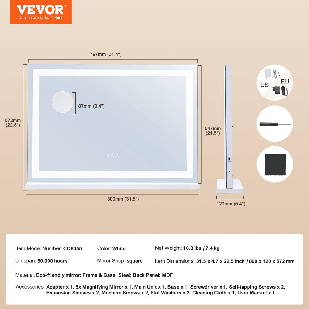 VEVOR Lighted Makeup Mirror 3 Color Vanity w/ USB Desktop Wall-mount 80x55.1 cm