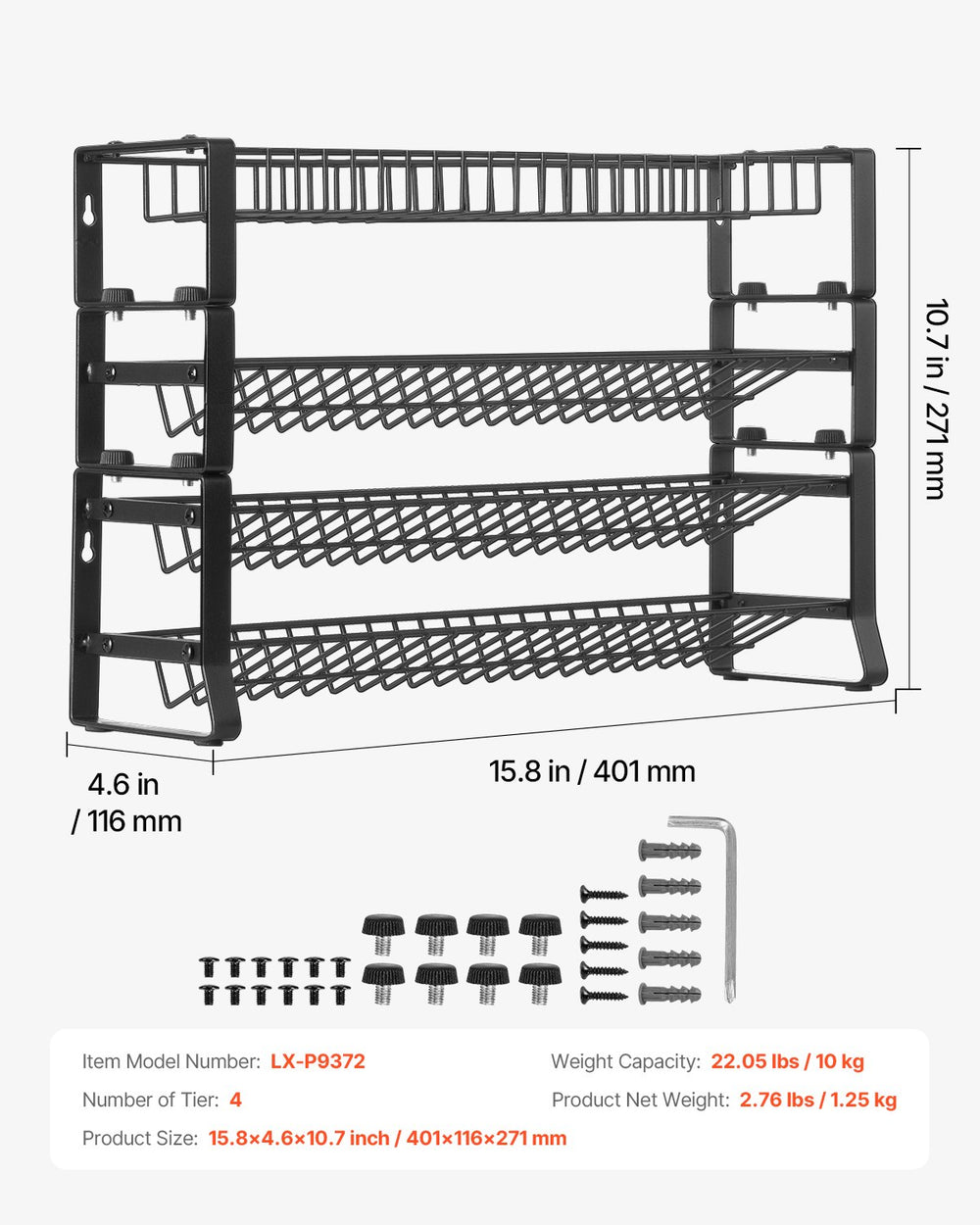 VEVOR Detachable Spice Rack Organizer for Cabinet, 4 Tie Stackable Seasoning Organizer, Spice Jars Kitchen Storage for Countertop Kitchen Pantry Cupboard, 15.8x10.7 in