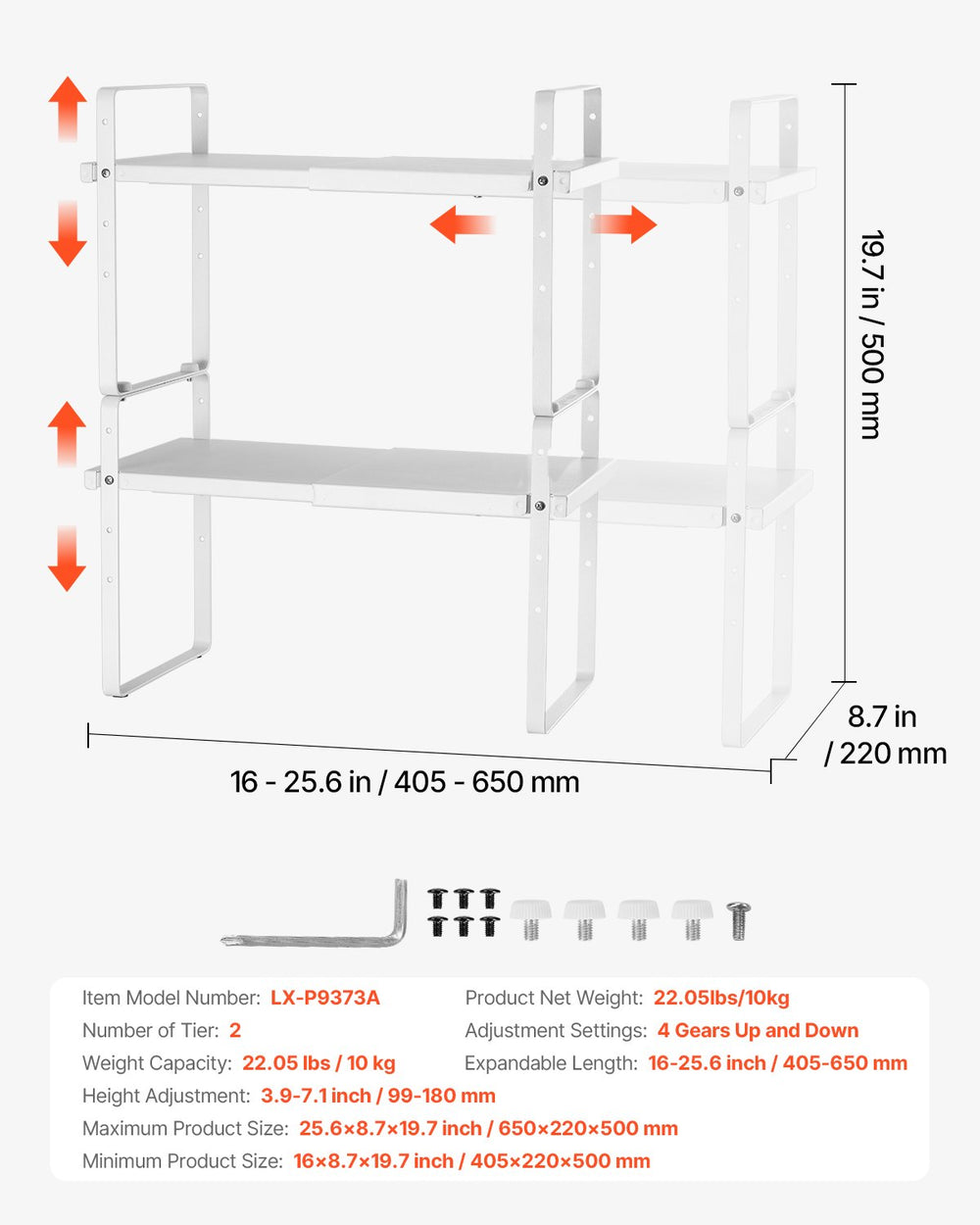VEVOR Adjustable Kitchen Cabinet Shelf Organizer, Expandable 2 Tier Cabinet Shelf, Stackable Countertop Organizers and Storage Shelf Risers, Pantry Organizers for Kitchen Bathroom Office, White