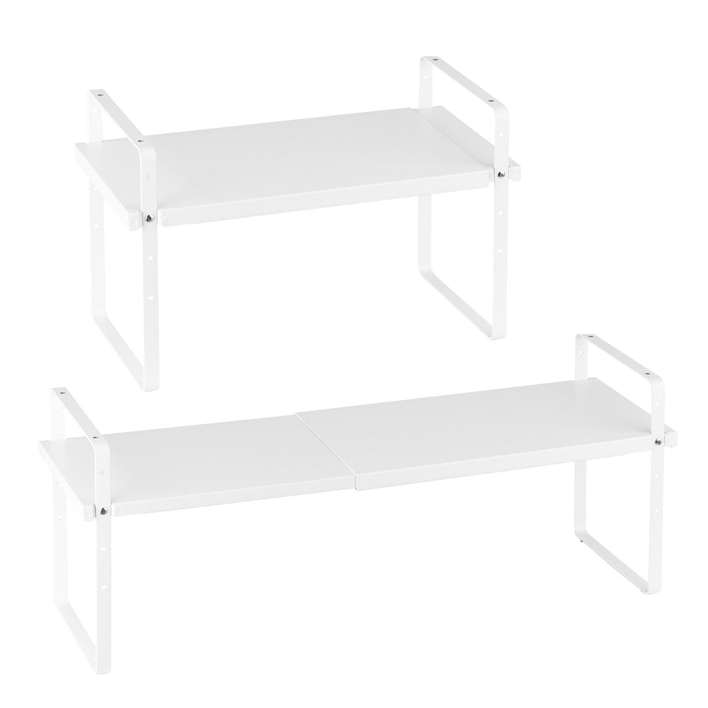 VEVOR Adjustable Kitchen Cabinet Shelf Organizer, Expandable 2 Tier Cabinet Shelf, Stackable Countertop Organizers and Storage Shelf Risers, Pantry Organizers for Kitchen Bathroom Office, White