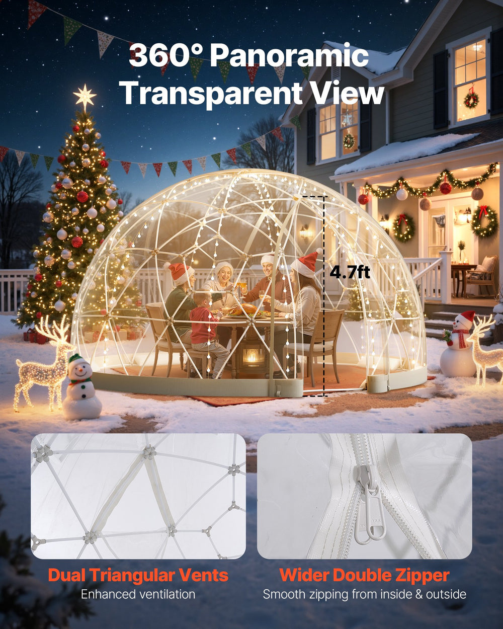 VEVOR Garden Dome Tent, 2.9 x 1.75 m Outdoor Clear Bubble Tent for 2-4 Person, Weatherproof Geodesic Dome Greenhouse with Window, PVC Igloo Tents for Backyard Patios Camping Party Wedding