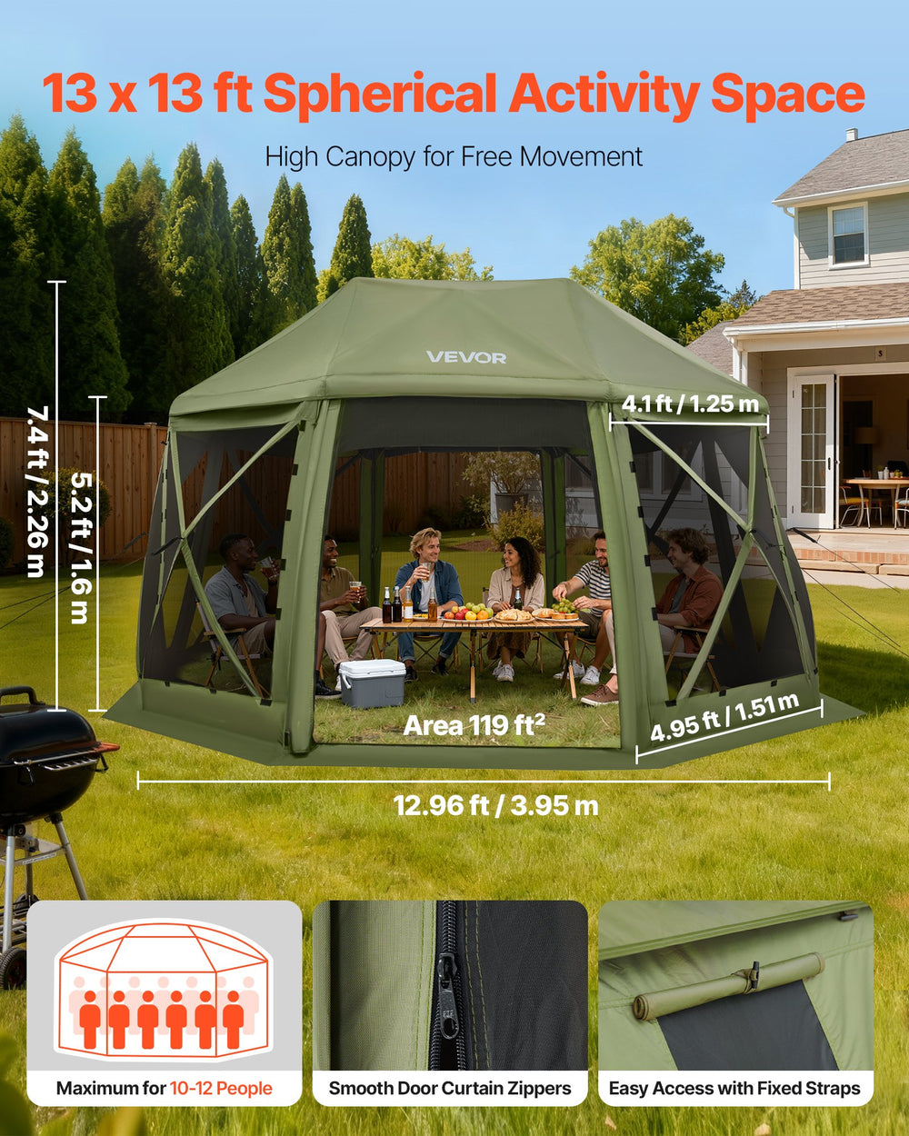 VEVOR Pop up Gazebo Screen Tent, 3.96 x 3.96 m, 13-Sided Spherical Camping Canopy Tent with Removable Top & Carry Bag, Quick-Set & Bite-Proof, Screen House Sun Shelter for 10-12 Persons, Green