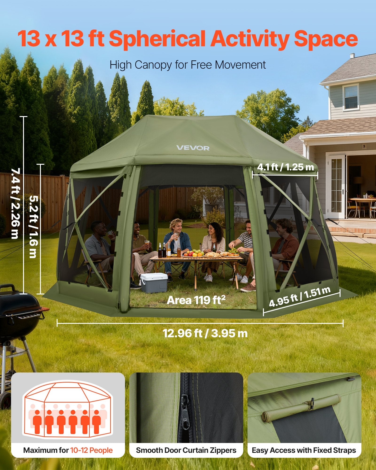 VEVOR Pop up Gazebo Screen Tent, 3.96 x 3.96 m, 13-Sided Spherical Camping Canopy Tent with Removable Top & Carry Bag, Quick-Set & Bite-Proof, Screen House Sun Shelter for 10-12 Persons, Green