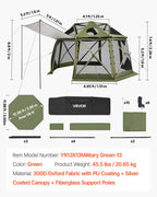 VEVOR Pop up Gazebo Screen Tent, 3.96 x 3.96 m, 13-Sided Spherical Camping Canopy Tent with Removable Top & Carry Bag, Quick-Set & Bite-Proof, Screen House Sun Shelter for 10-12 Persons, Green