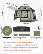 VEVOR Pop up Gazebo Screen Tent, 3.96 x 3.96 m, 13-Sided Spherical Camping Canopy Tent with Removable Top & Carry Bag, Quick-Set & Bite-Proof, Screen House Sun Shelter for 10-12 Persons, Green