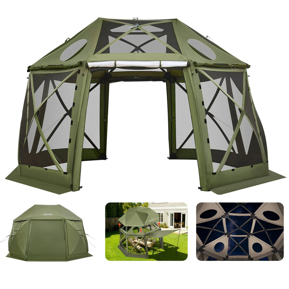 VEVOR Pop up Gazebo Screen Tent, 3.96 x 3.96 m, 13-Sided Spherical Camping Canopy Tent with Removable Top & Carry Bag, Quick-Set & Bite-Proof, Screen House Sun Shelter for 10-12 Persons, Green