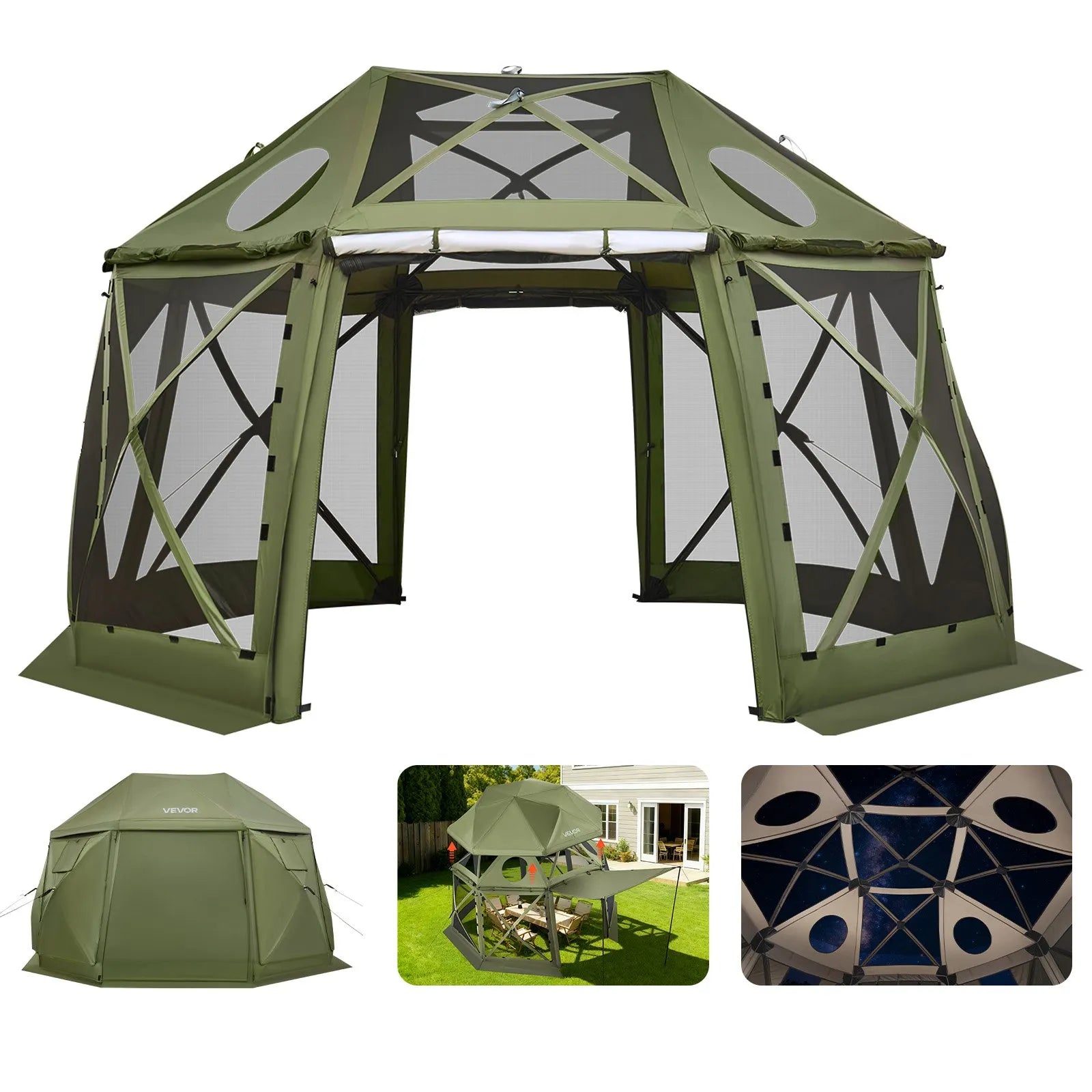 VEVOR Pop up Gazebo Screen Tent, 3.96 x 3.96 m, 13-Sided Spherical Camping Canopy Tent with Removable Top & Carry Bag, Quick-Set & Bite-Proof, Screen House Sun Shelter for 10-12 Persons, Green