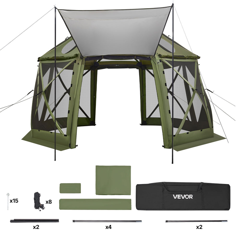 VEVOR Pop up Gazebo Screen Tent, 3.96 x 3.96 m, 13-Sided Spherical Camping Canopy Tent with Removable Top & Carry Bag, Quick-Set & Bite-Proof, Screen House Sun Shelter for 10-12 Persons, Green