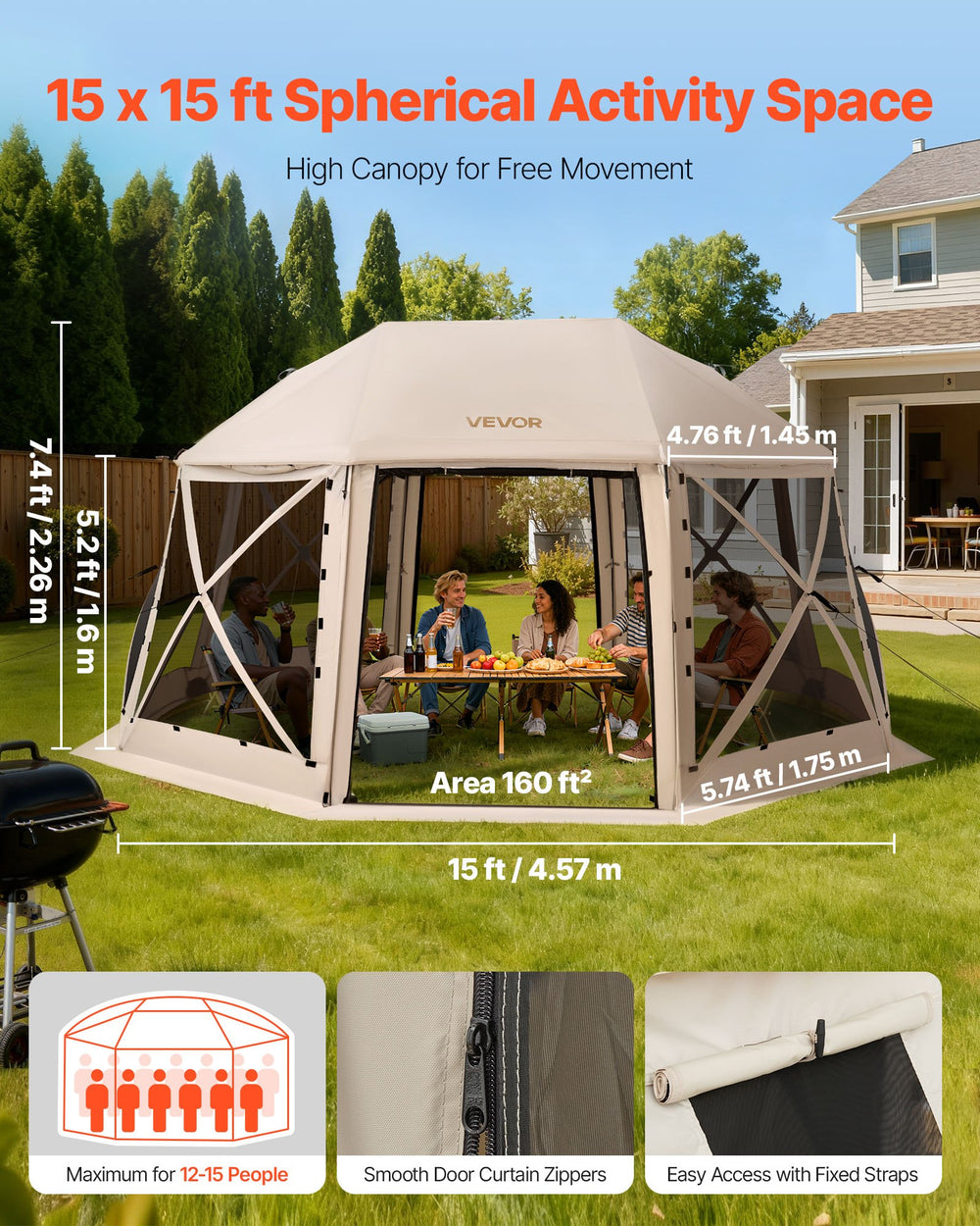 VEVOR Pop up Gazebo Screen Tent, 4.57 x 4.57 m, 13-Sided Spherical Camping Canopy Tent with Removable Top & Carry Bag, Quick-Set & Bite-Proof, Screen House Sun Shelter for 12-15 Persons, Beige