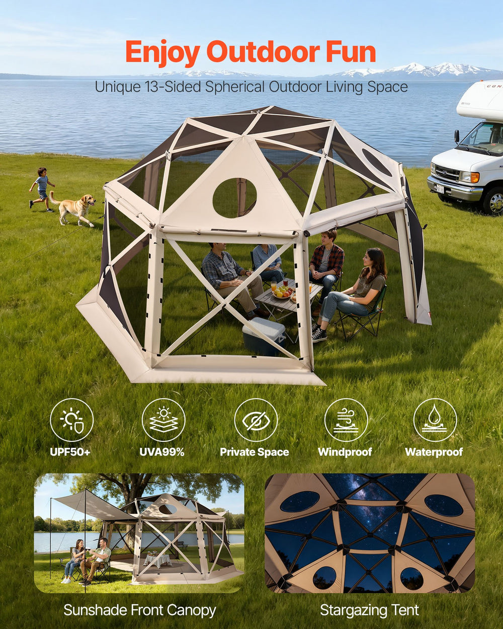 VEVOR Pop up Gazebo Screen Tent, 4.57 x 4.57 m, 13-Sided Spherical Camping Canopy Tent with Removable Top & Carry Bag, Quick-Set & Bite-Proof, Screen House Sun Shelter for 12-15 Persons, Beige