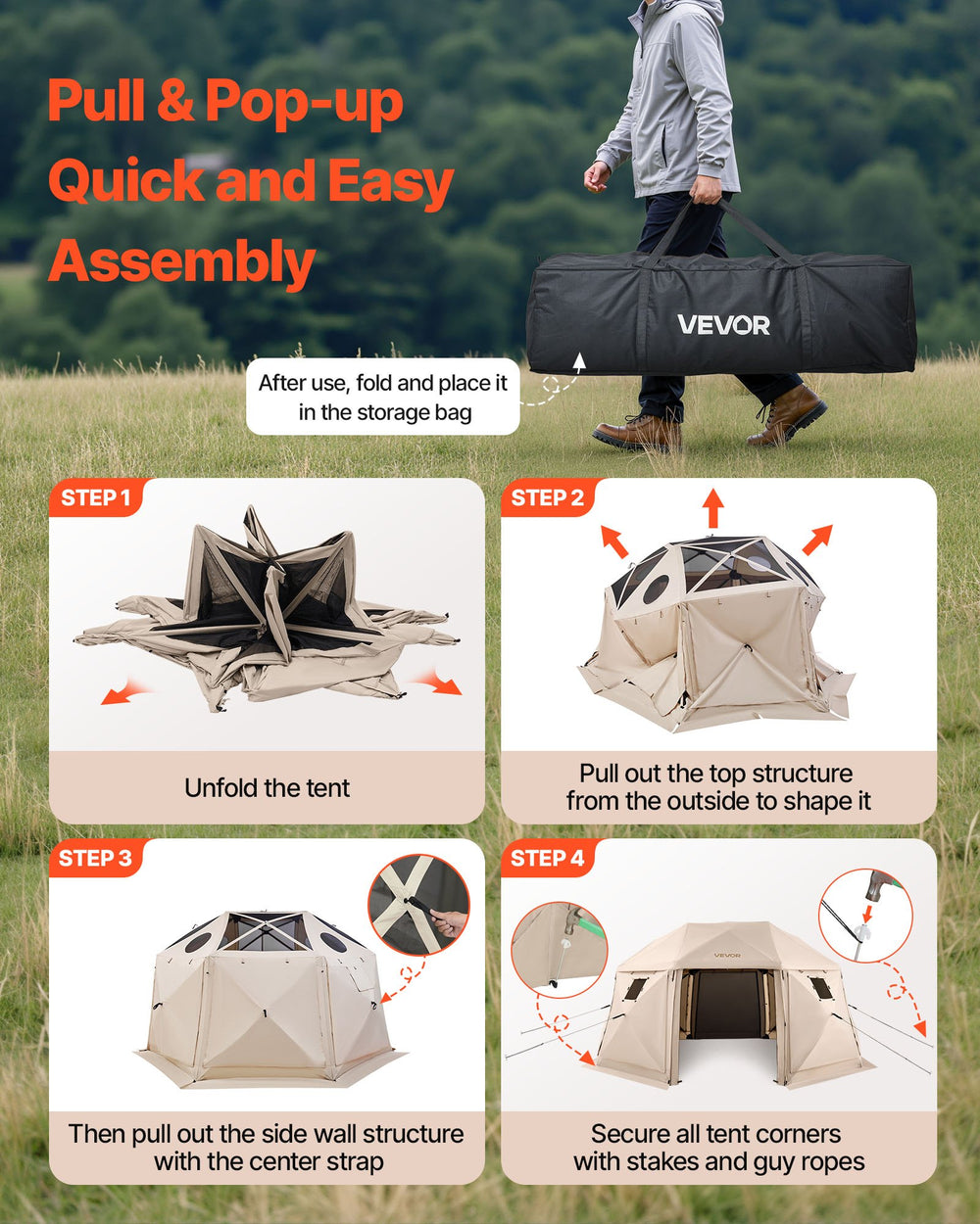 VEVOR Pop up Gazebo Screen Tent, 4.57 x 4.57 m, 13-Sided Spherical Camping Canopy Tent with Removable Top & Carry Bag, Quick-Set & Bite-Proof, Screen House Sun Shelter for 12-15 Persons, Beige