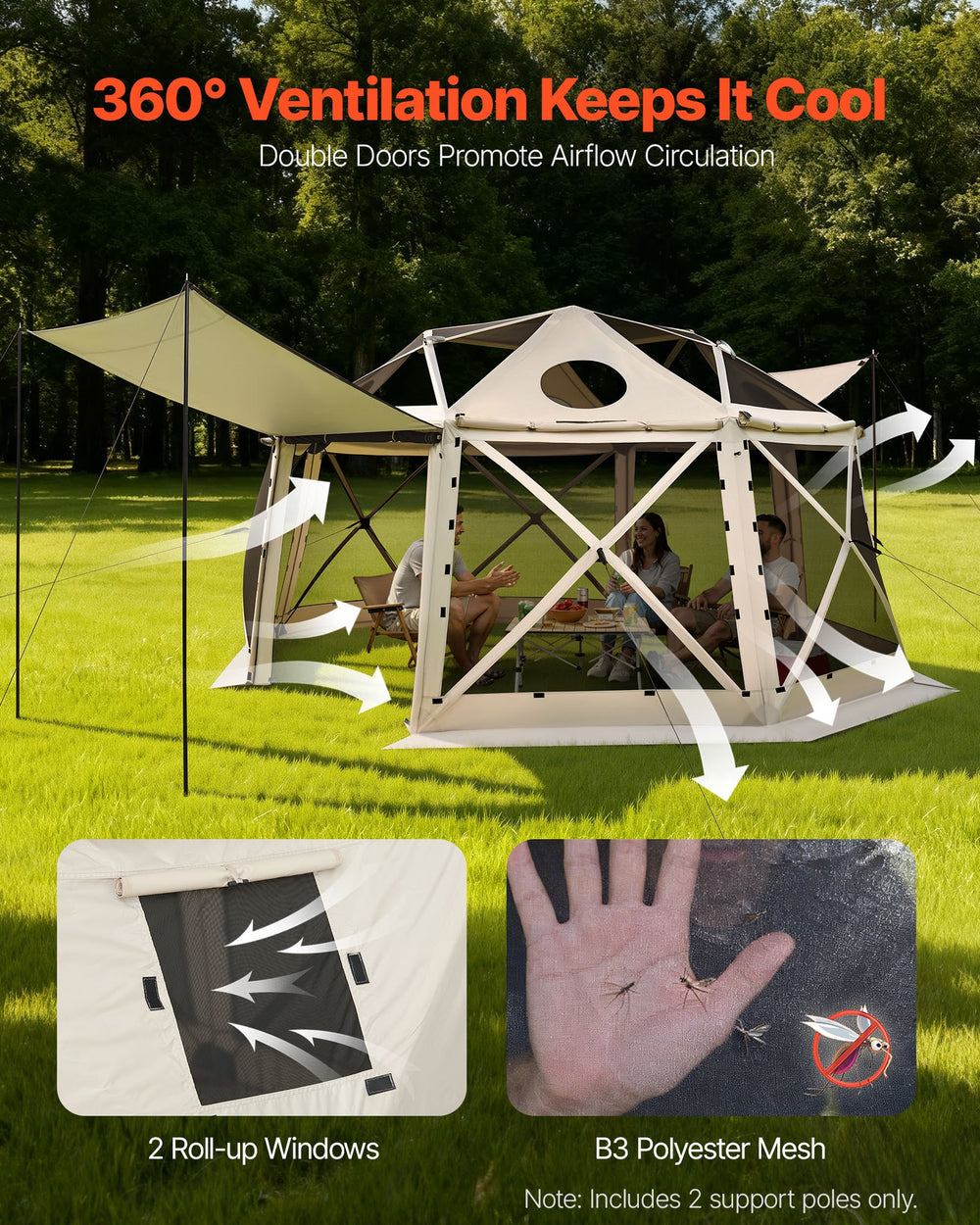 VEVOR Pop up Gazebo Screen Tent, 4.57 x 4.57 m, 13-Sided Spherical Camping Canopy Tent with Removable Top & Carry Bag, Quick-Set & Bite-Proof, Screen House Sun Shelter for 12-15 Persons, Beige