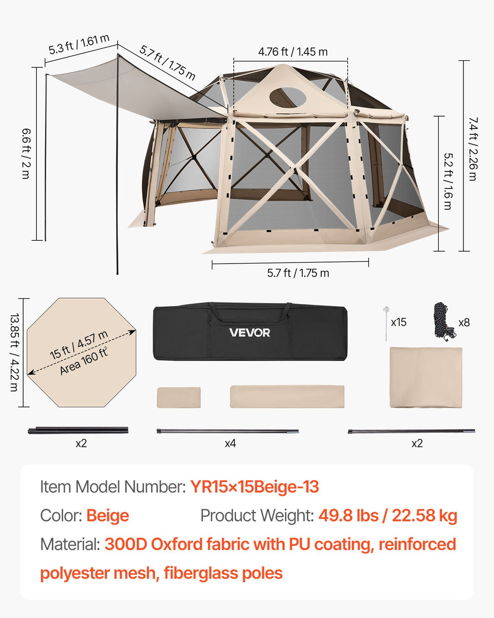 VEVOR Pop up Gazebo Screen Tent, 4.57 x 4.57 m, 13-Sided Spherical Camping Canopy Tent with Removable Top & Carry Bag, Quick-Set & Bite-Proof, Screen House Sun Shelter for 12-15 Persons, Beige
