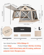 VEVOR Pop up Gazebo Screen Tent, 4.57 x 4.57 m, 13-Sided Spherical Camping Canopy Tent with Removable Top & Carry Bag, Quick-Set & Bite-Proof, Screen House Sun Shelter for 12-15 Persons, Beige
