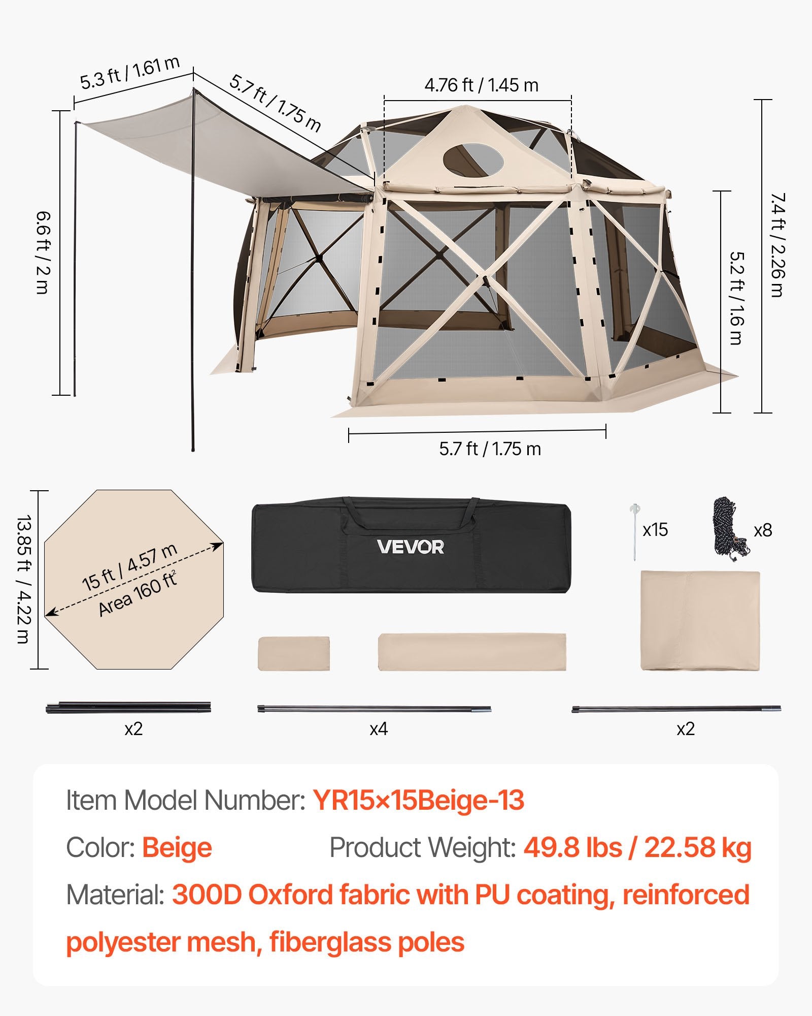 VEVOR Pop up Gazebo Screen Tent, 4.57 x 4.57 m, 13-Sided Spherical Camping Canopy Tent with Removable Top & Carry Bag, Quick-Set & Bite-Proof, Screen House Sun Shelter for 12-15 Persons, Beige