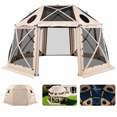 VEVOR Pop up Gazebo Screen Tent, 4.57 x 4.57 m, 13-Sided Spherical Camping Canopy Tent with Removable Top & Carry Bag, Quick-Set & Bite-Proof, Screen House Sun Shelter for 12-15 Persons, Beige