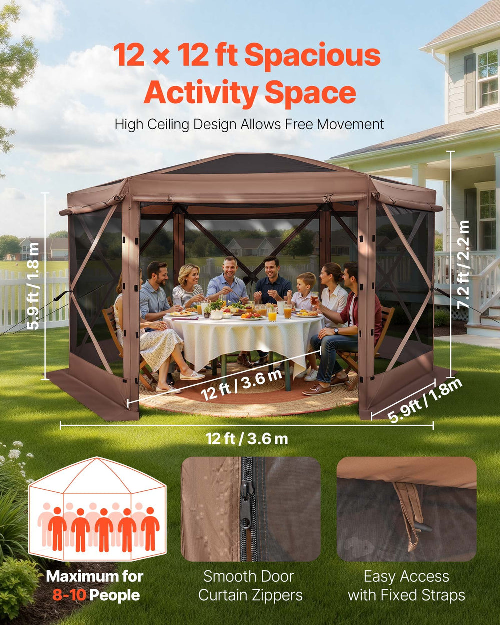 VEVOR Pop up Gazebo Screen Tent, 3.6 x 3.6 m Large 6-Sided Camping Canopy Tent with Removable Top & Carry Bag, Quick-Set & Bite-Proof, Screen House Sun Shelter for 8-10 Persons Backyard Patio, Brown
