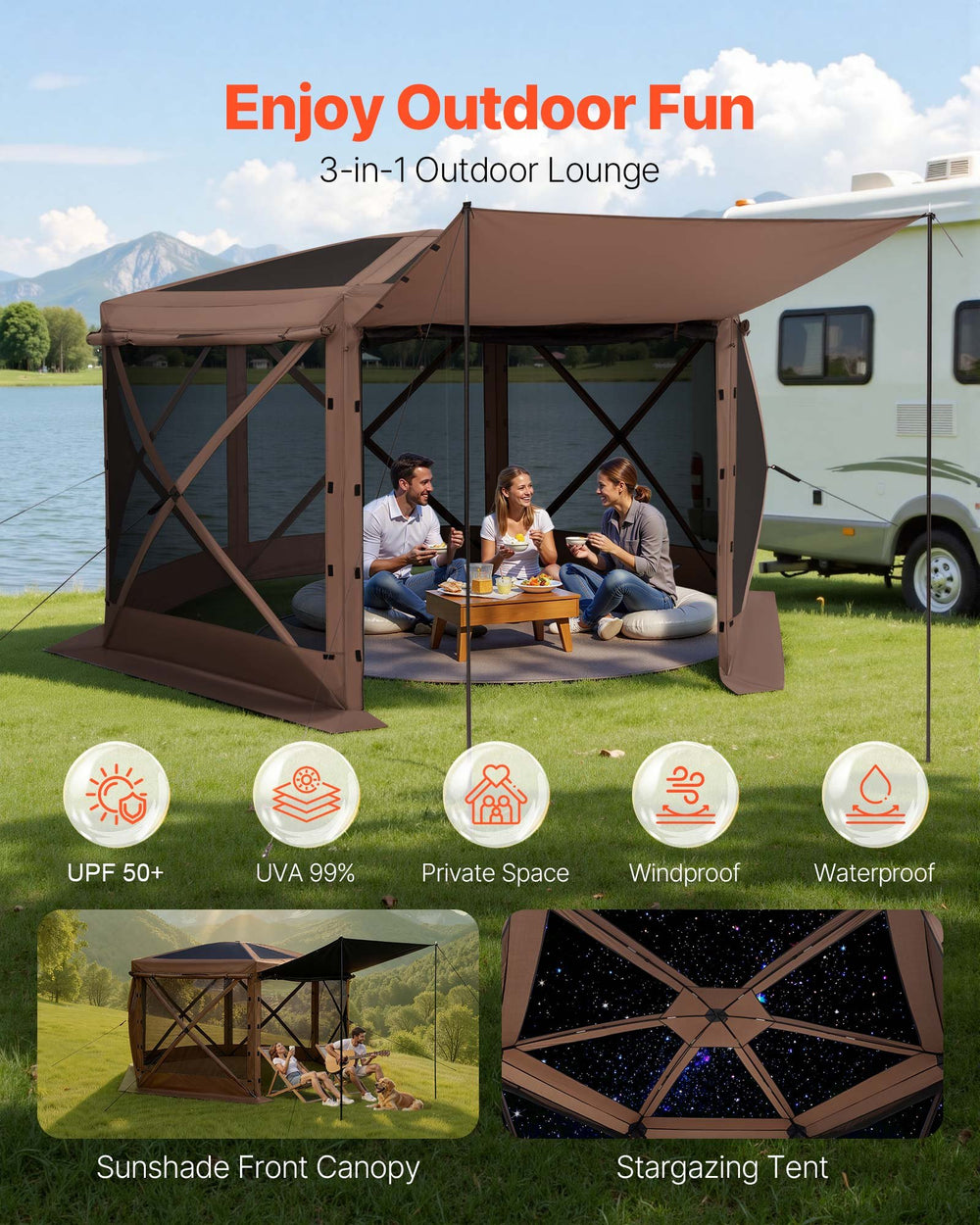 VEVOR Pop up Gazebo Screen Tent, 3.6 x 3.6 m Large 6-Sided Camping Canopy Tent with Removable Top & Carry Bag, Quick-Set & Bite-Proof, Screen House Sun Shelter for 8-10 Persons Backyard Patio, Brown