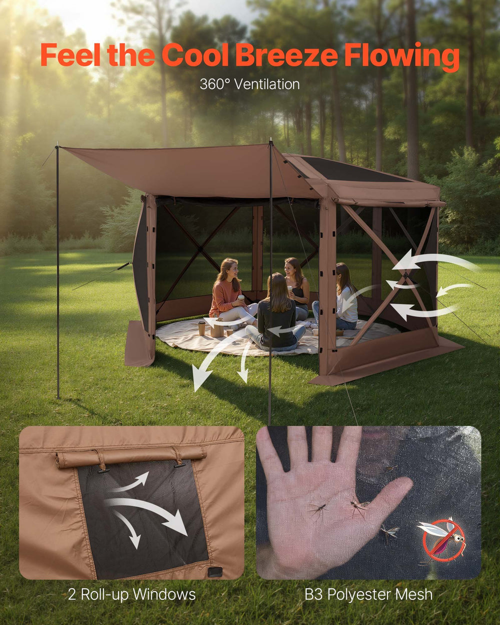 VEVOR Pop up Gazebo Screen Tent, 3.6 x 3.6 m Large 6-Sided Camping Canopy Tent with Removable Top & Carry Bag, Quick-Set & Bite-Proof, Screen House Sun Shelter for 8-10 Persons Backyard Patio, Brown