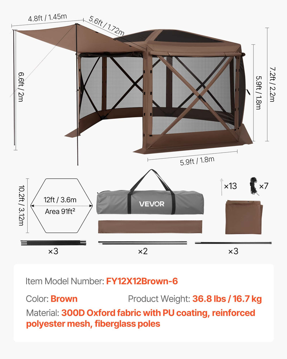 VEVOR Pop up Gazebo Screen Tent, 3.6 x 3.6 m Large 6-Sided Camping Canopy Tent with Removable Top & Carry Bag, Quick-Set & Bite-Proof, Screen House Sun Shelter for 8-10 Persons Backyard Patio, Brown