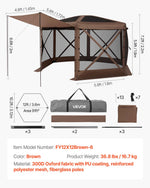 VEVOR Pop up Gazebo Screen Tent, 3.6 x 3.6 m Large 6-Sided Camping Canopy Tent with Removable Top & Carry Bag, Quick-Set & Bite-Proof, Screen House Sun Shelter for 8-10 Persons Backyard Patio, Brown