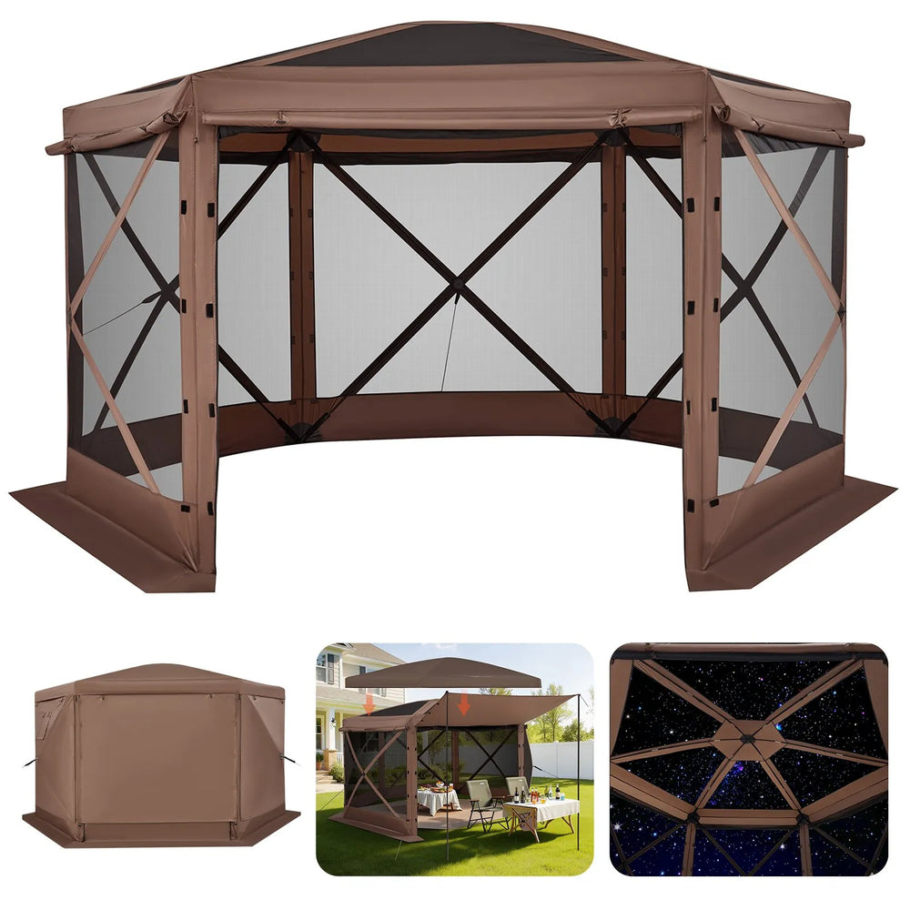 VEVOR Pop up Gazebo Screen Tent, 3.6 x 3.6 m Large 6-Sided Camping Canopy Tent with Removable Top & Carry Bag, Quick-Set & Bite-Proof, Screen House Sun Shelter for 8-10 Persons Backyard Patio, Brown