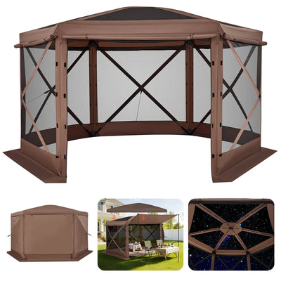 VEVOR Pop up Gazebo Screen Tent, 3.6 x 3.6 m Large 6-Sided Camping Canopy Tent with Removable Top & Carry Bag, Quick-Set & Bite-Proof, Screen House Sun Shelter for 8-10 Persons Backyard Patio, Brown
