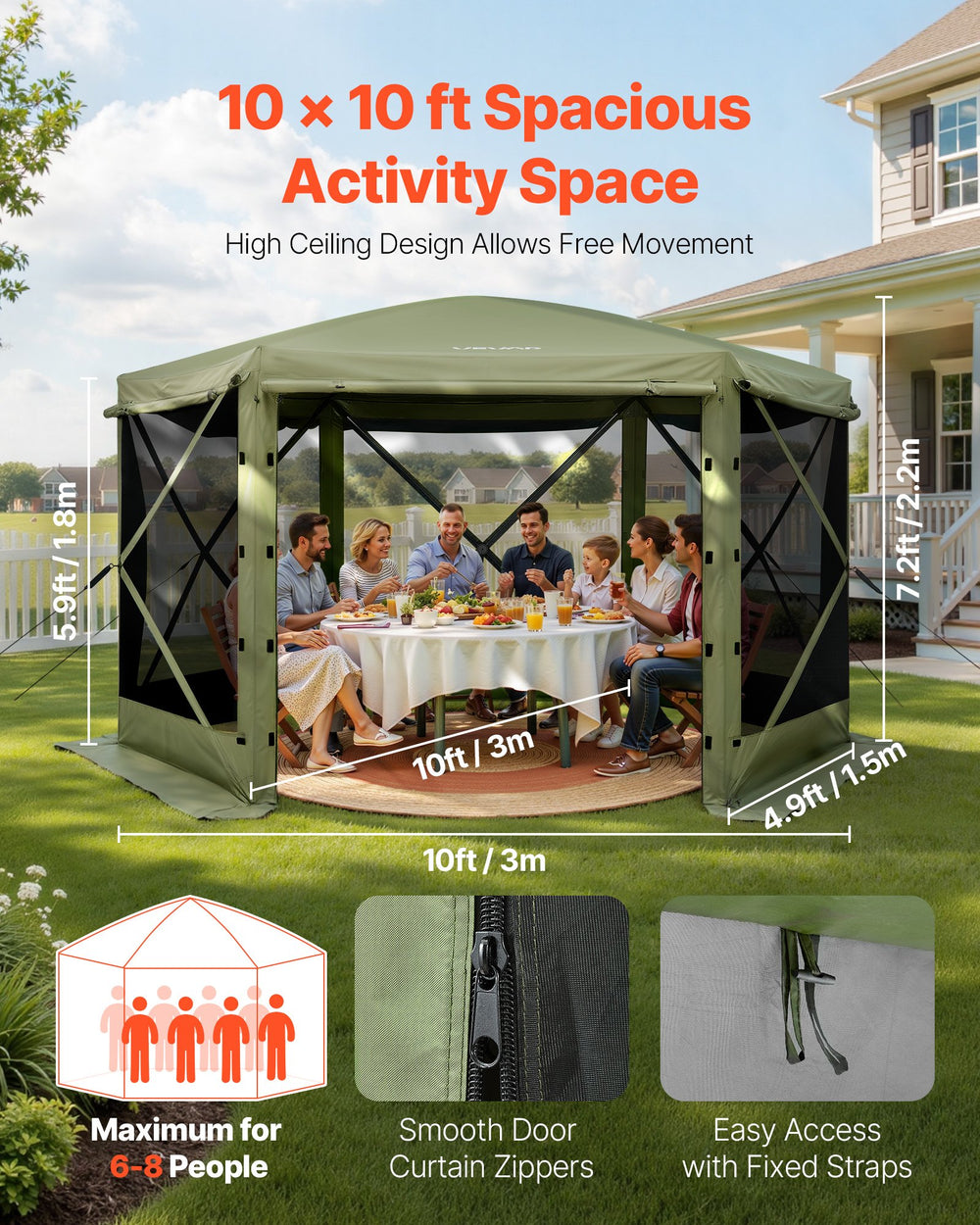 VEVOR Pop up Gazebo Screen Tent, 3x3 m Large 6-Sided Camping Canopy Tent with Removable Top & Carry Bag, Quick-Set & Bite-Proof, Screen House Sun Shelter for 6-8 Persons Backyard Patio, Green