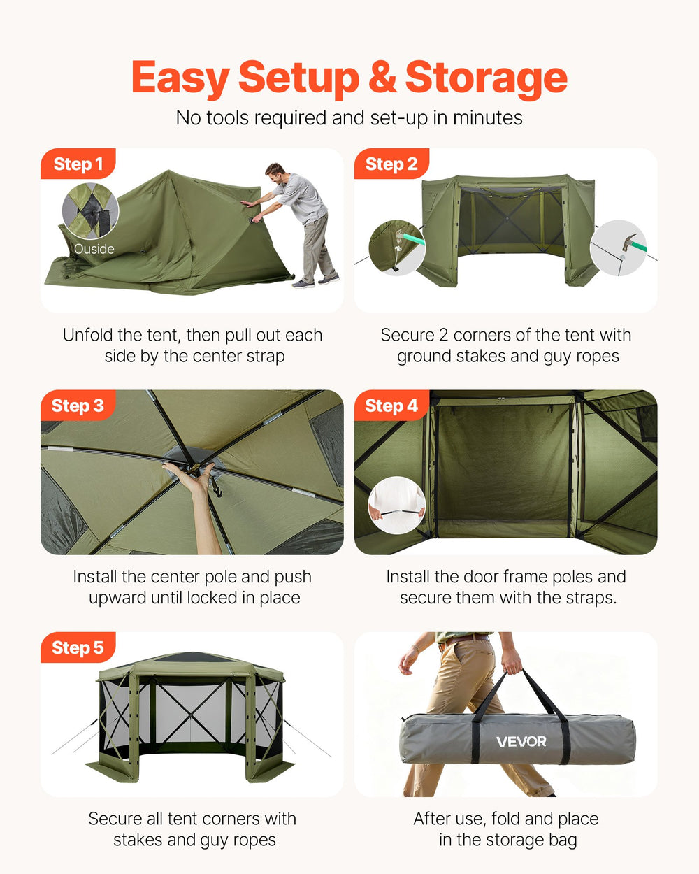 VEVOR Pop up Gazebo Screen Tent, 3x3 m Large 6-Sided Camping Canopy Tent with Removable Top & Carry Bag, Quick-Set & Bite-Proof, Screen House Sun Shelter for 6-8 Persons Backyard Patio, Green