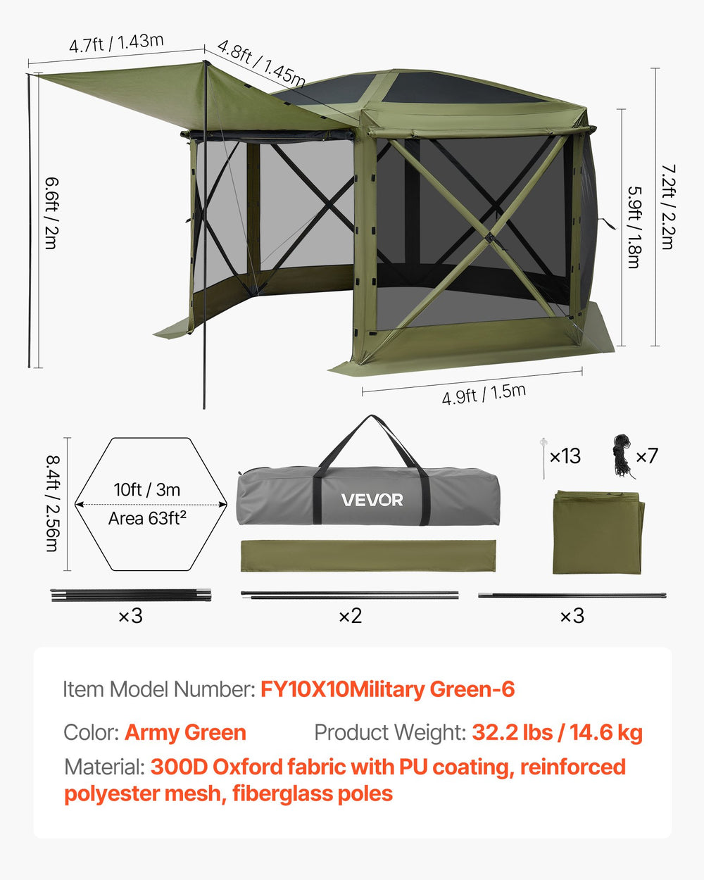VEVOR Pop up Gazebo Screen Tent, 3x3 m Large 6-Sided Camping Canopy Tent with Removable Top & Carry Bag, Quick-Set & Bite-Proof, Screen House Sun Shelter for 6-8 Persons Backyard Patio, Green