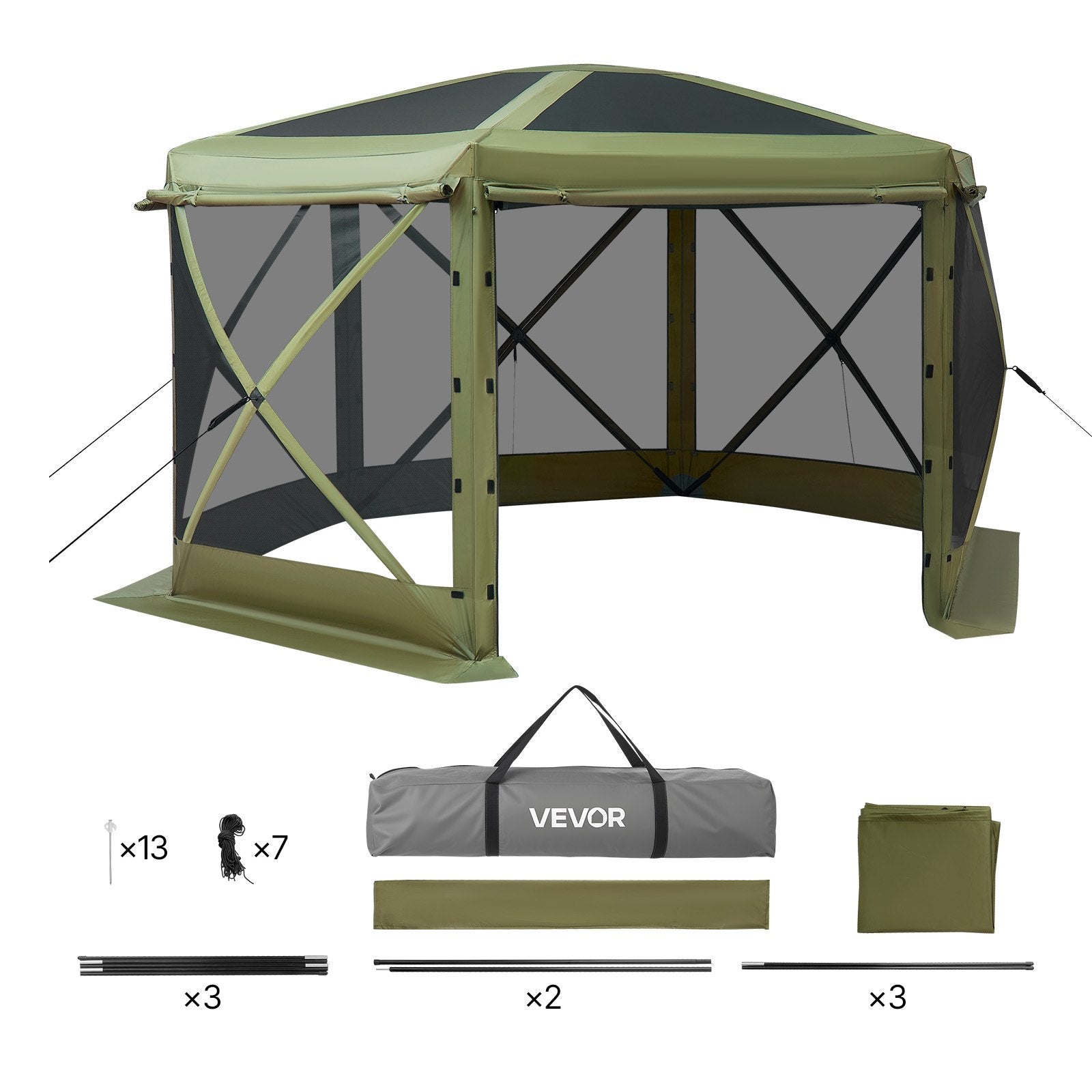 VEVOR Pop up Gazebo Screen Tent, 3x3 m Large 6-Sided Camping Canopy Tent with Removable Top & Carry Bag, Quick-Set & Bite-Proof, Screen House Sun Shelter for 6-8 Persons Backyard Patio, Green