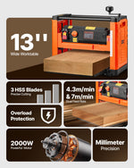 VEVOR Thickness Planer, Two Speed, 330 mm Width Worktable Power Benchtop Planer, Three-Blade, 2000W 23500 RPM Powerful Motor, Dual Rollers, Over Protection, Woodworking for Hard & Soft Wood Material