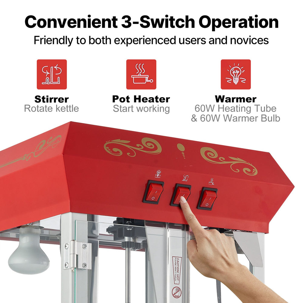 VEVOR Popcorn Maker, 850W Popcorn Popper Machine, 8 Oz Kettle Makes 48 Cups per Batch, Countertop Popcorn Maker with Tempered Glass, Includes 4 Scoops, Movie Theater Style, Red