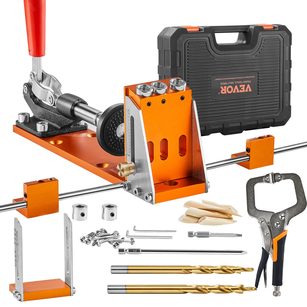 VEVOR Pocket Hole Jig Kit, 34 Pcs Pocket Hole Jig System with 27.9 cm C-clamp, Fixture, Step Drills, Wrenches, Drill Stop Rings, Square Drive Bits, Toolbox, for DIY Carpentry Projects, Adjustable