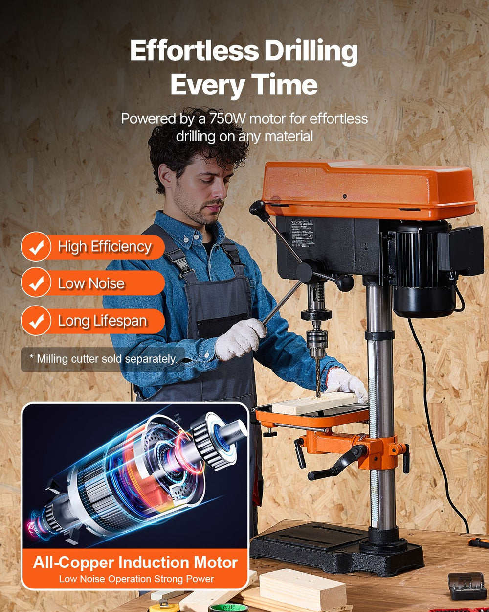 VEVOR 750W Bench Drill Press, 440-2580RPM Continuously Variable Speed ​​Adjustment Drill Press with 0-45° Tilting Work Table, 30.5 cm Swing, X-Ray Positioning