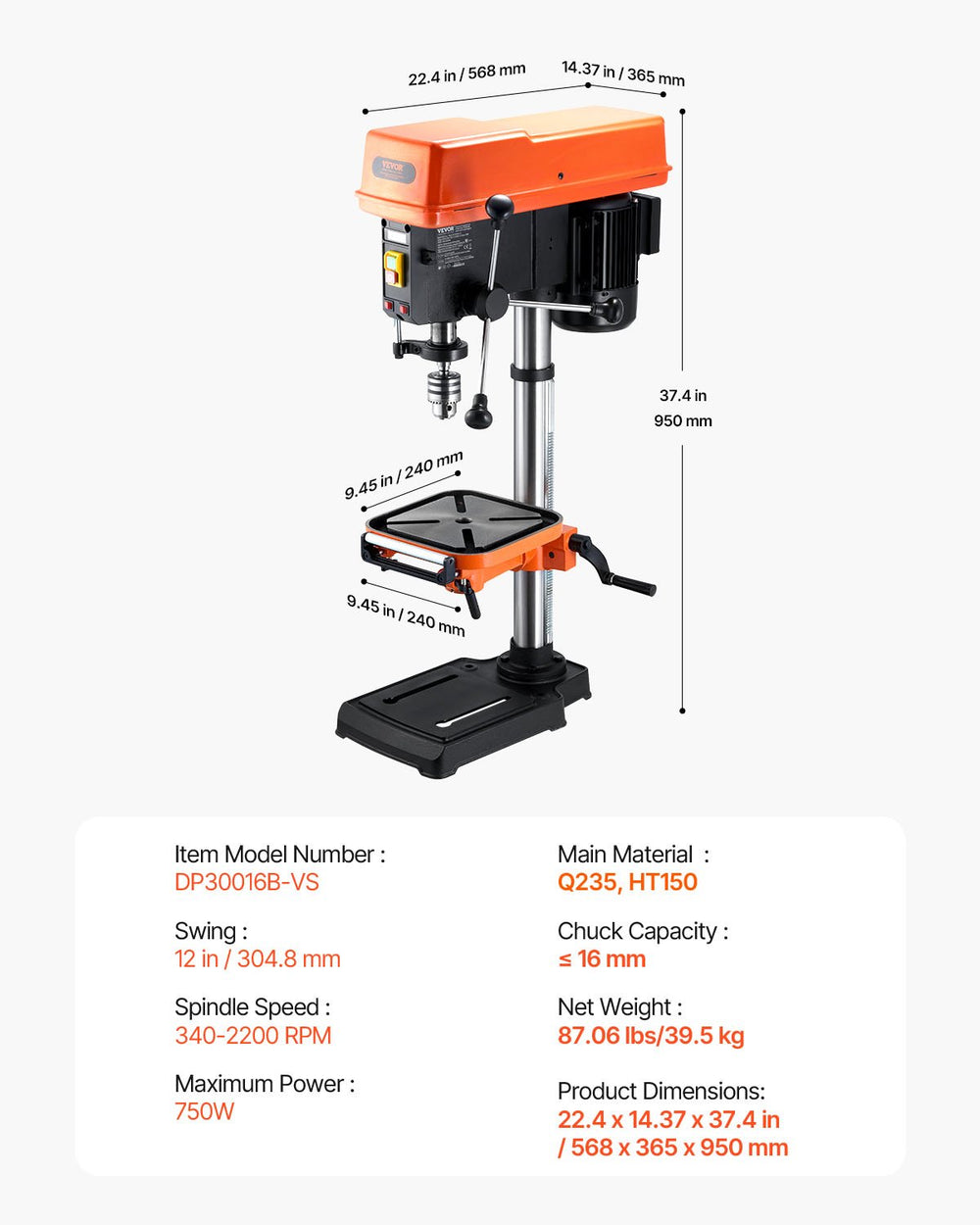 VEVOR 750W Bench Drill Press, 440-2580RPM Continuously Variable Speed ​​Adjustment Drill Press with 0-45° Tilting Work Table, 30.5 cm Swing, X-Ray Positioning