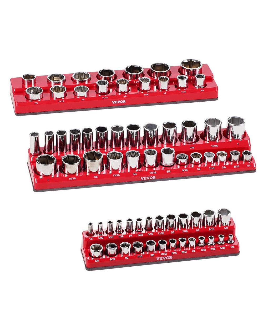 VEVOR Magnetic Socket Organizer Set, 3PCS Magnetic Socket Holder, 1/4'', 3/8'' & 1/2'' SAE Socket Trays with Clear Labels, Hold up to 68PCS Standard & Deep Sockets, Red (Sockets Not Included)