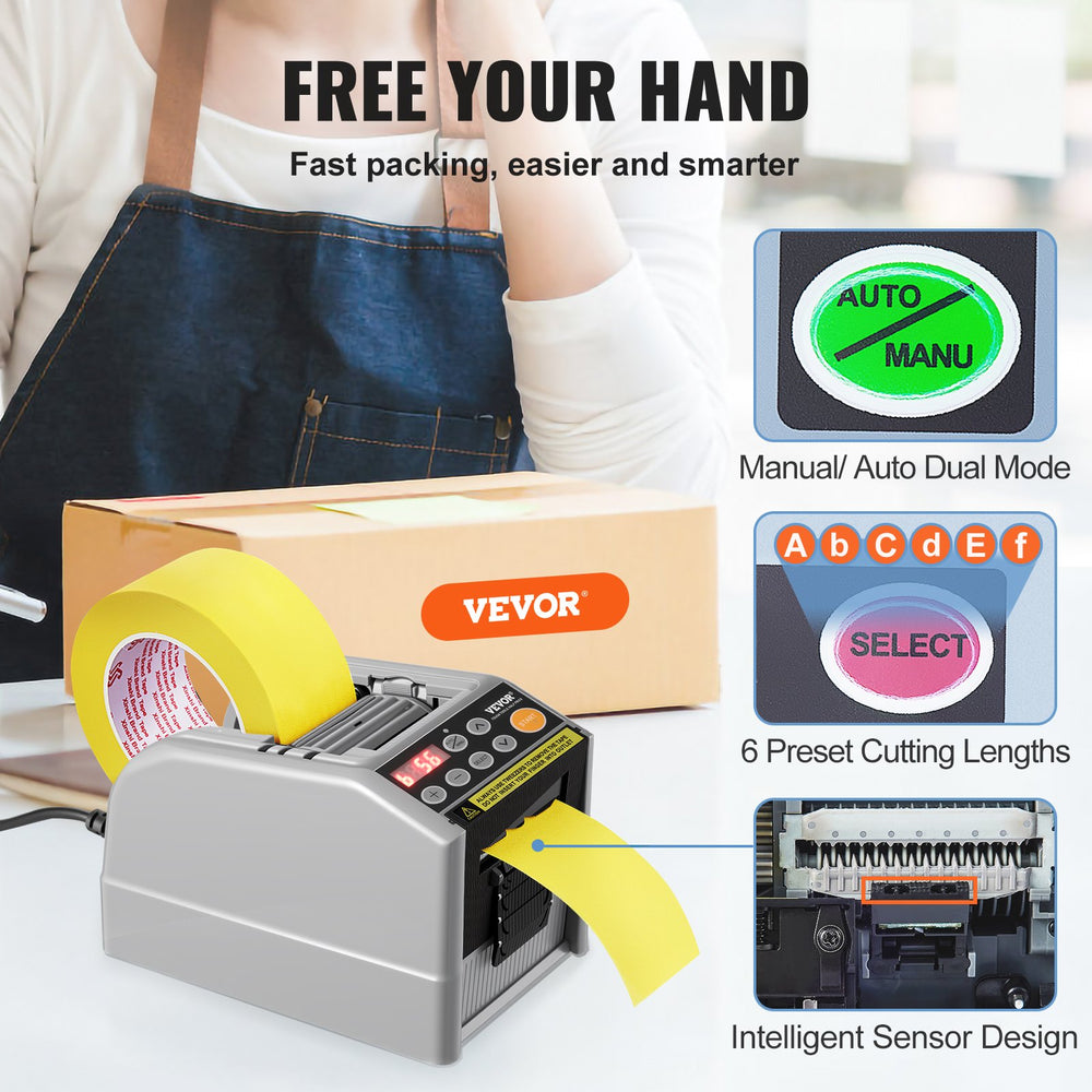 VEVOR Zcut-9 Automatic Tape Dispenser Adhesive Electric Tape Cutter Packaging Machine Tape Cutting Machine 6-60mm Tape Width