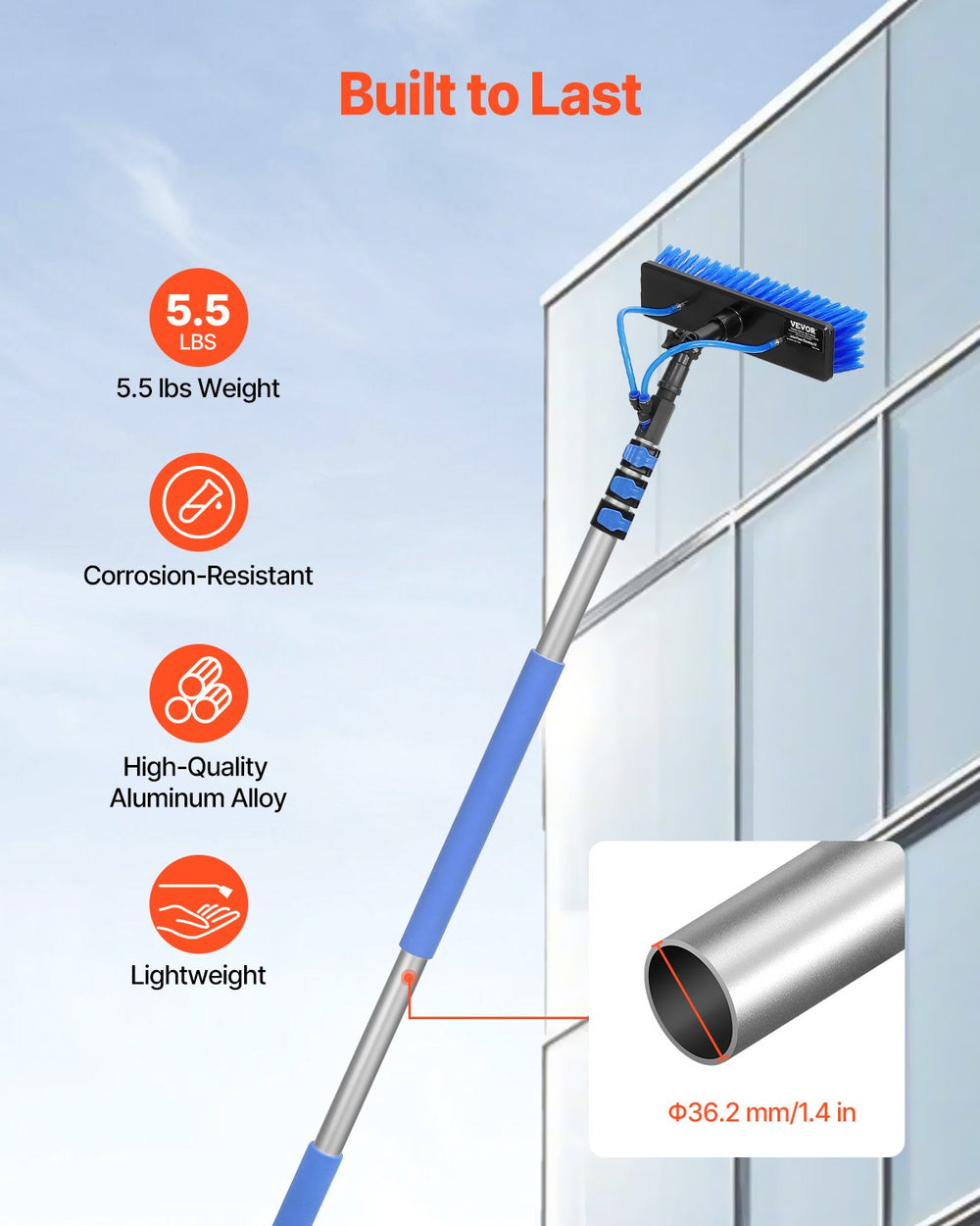 VEVOR Water Fed Pole Kit, 3.6m Solar Panel Cleaning Pole with Extendable Handle, 180° Rotatable Brush Head & 20m Hose, Household & Outdoor Window Cleaner Tool for Caravan Solar Panel Deck