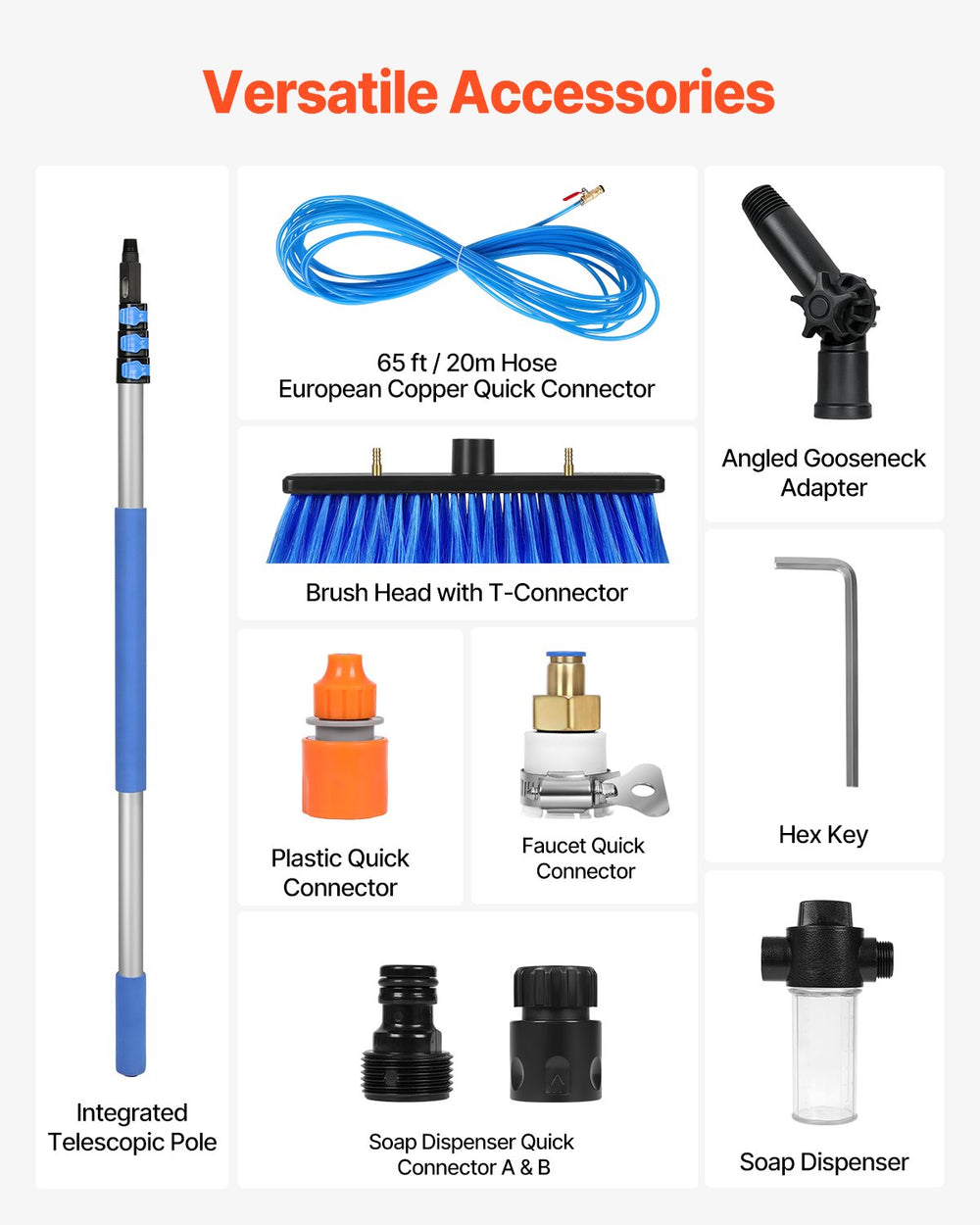 VEVOR Water Fed Pole Kit, 3.6m Solar Panel Cleaning Pole with Extendable Handle, 180° Rotatable Brush Head & 20m Hose, Household & Outdoor Window Cleaner Tool for Caravan Solar Panel Deck