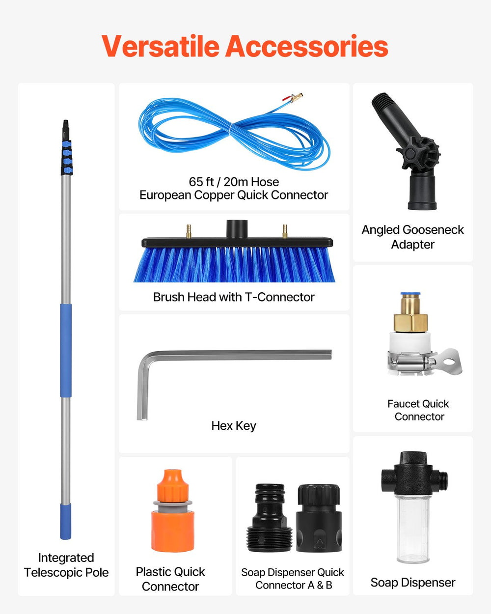 VEVOR Water Fed Pole Kit, 7.3m Solar Panel Cleaning Pole with Extendable Handle, 180° Rotatable Brush Head & 20m Hose, Household & Outdoor Window Cleaner Tool for Caravan Solar Panel Deck