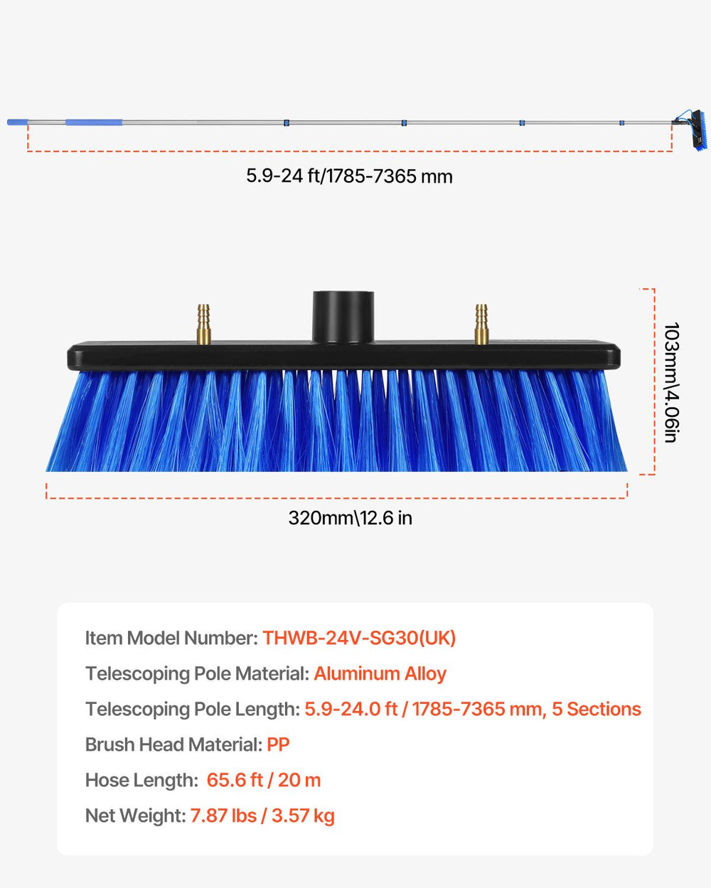 VEVOR Water Fed Pole Kit, 7.3m Solar Panel Cleaning Pole with Extendable Handle, 180° Rotatable Brush Head & 20m Hose, Household & Outdoor Window Cleaner Tool for Caravan Solar Panel Deck