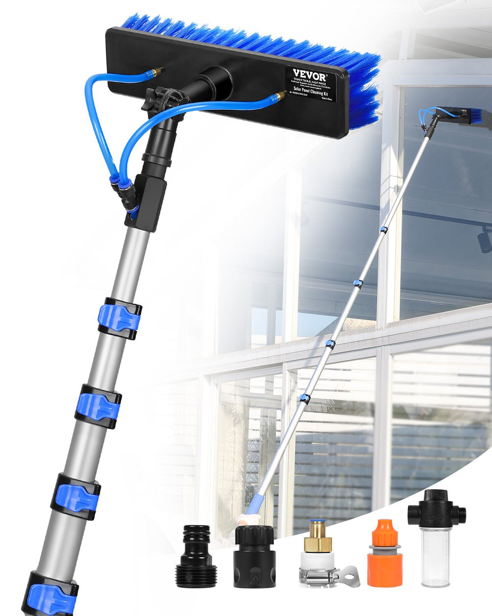 VEVOR Water Fed Pole Kit, 7.3m Solar Panel Cleaning Pole with Extendable Handle, 180° Rotatable Brush Head & 20m Hose, Household & Outdoor Window Cleaner Tool for Caravan Solar Panel Deck