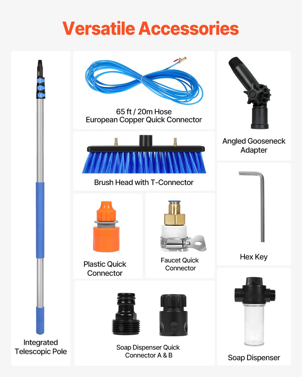 VEVOR Water Fed Pole Kit, 6m Solar Panel Cleaning Pole with Extendable Handle, 180° Rotatable Brush Head & 20m Hose, Household & Outdoor Window Cleaner Tool for Caravan Solar Panel Deck