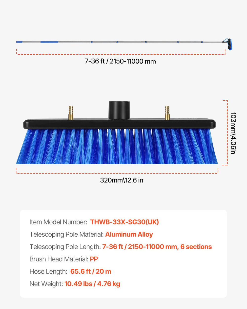 VEVOR Water Fed Pole Kit, 11m Solar Panel Cleaning Pole with Extendable Handle, 180° Rotatable Brush Head & 20m Hose, Household & Outdoor Window Cleaner Tool for Caravan Solar Panel Deck