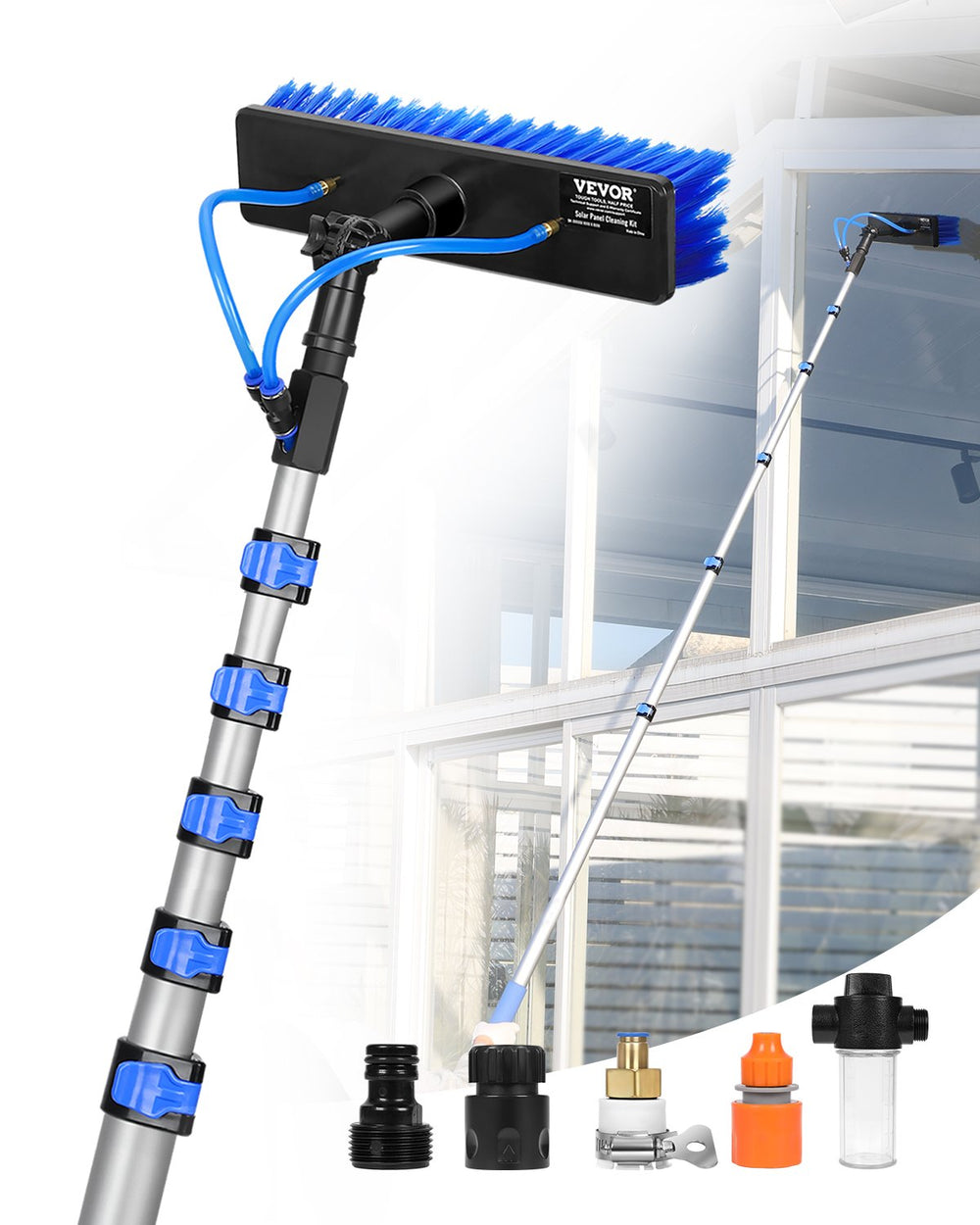 VEVOR Water Fed Pole Kit, 11m Solar Panel Cleaning Pole with Extendable Handle, 180° Rotatable Brush Head & 20m Hose, Household & Outdoor Window Cleaner Tool for Caravan Solar Panel Deck